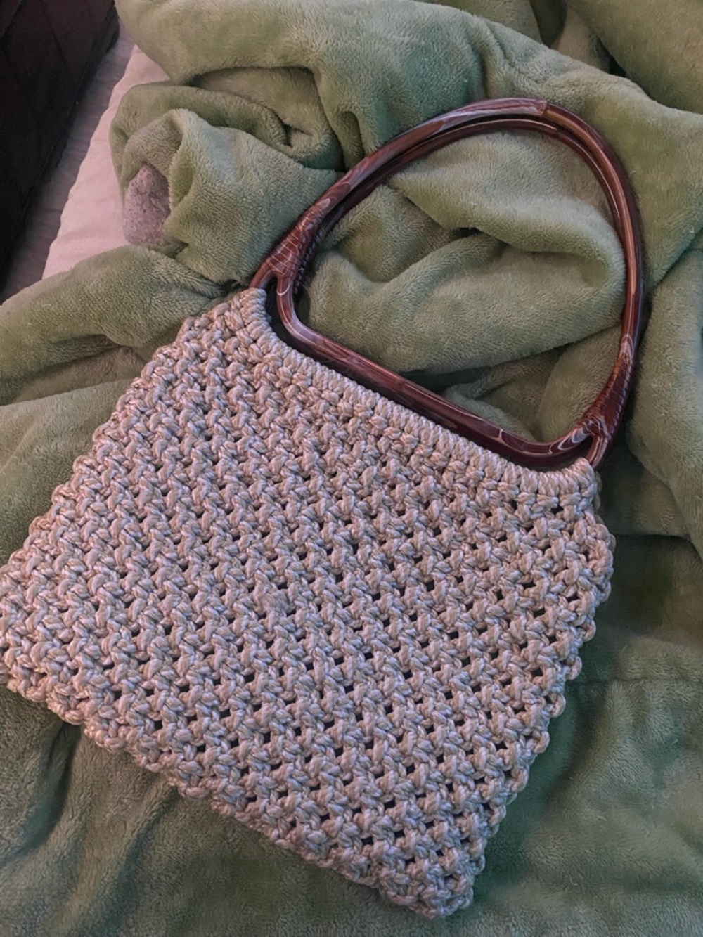 Handwoven Crochet Tote Bag with Wooden Handles - Natural Gray